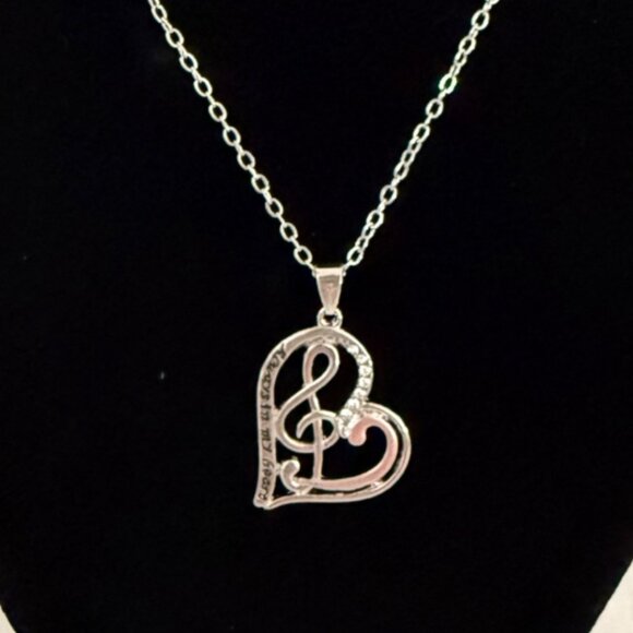 Boutique Jewelry - Music Heart Necklace Treble Clef Pendant Silver Tone and Rose Valentine Gift